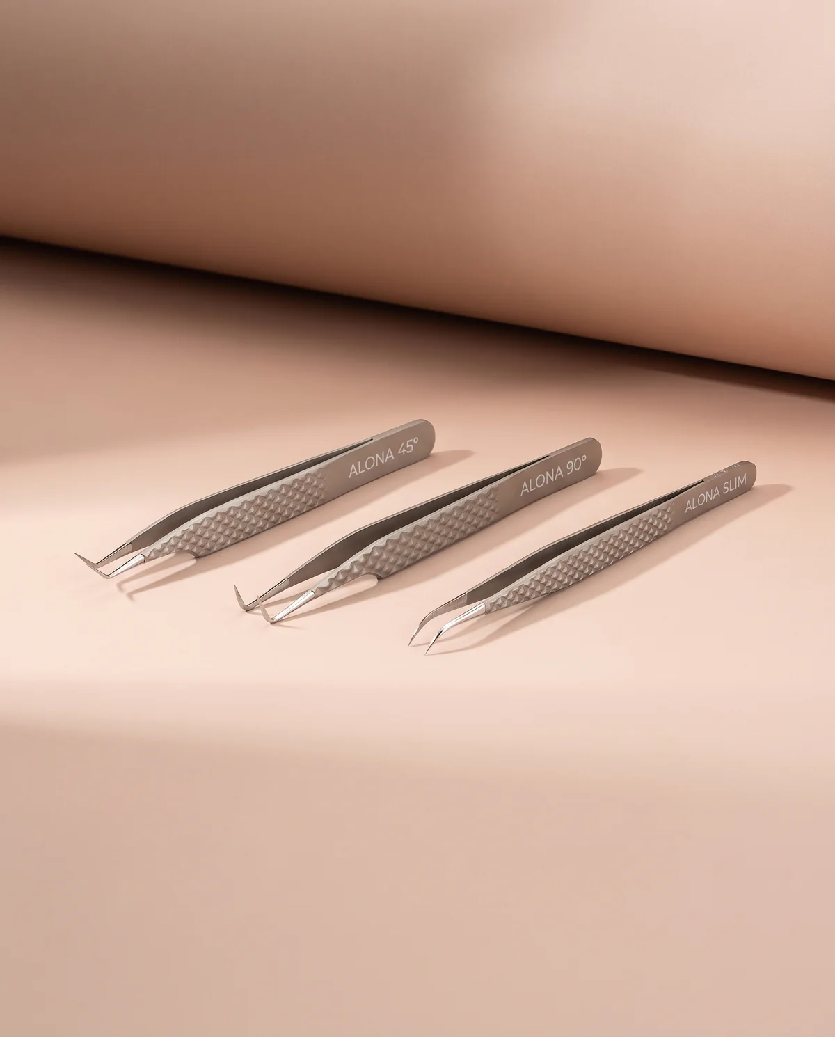 The Alona tweezer trio: 45°, 90° and Slim, side by side