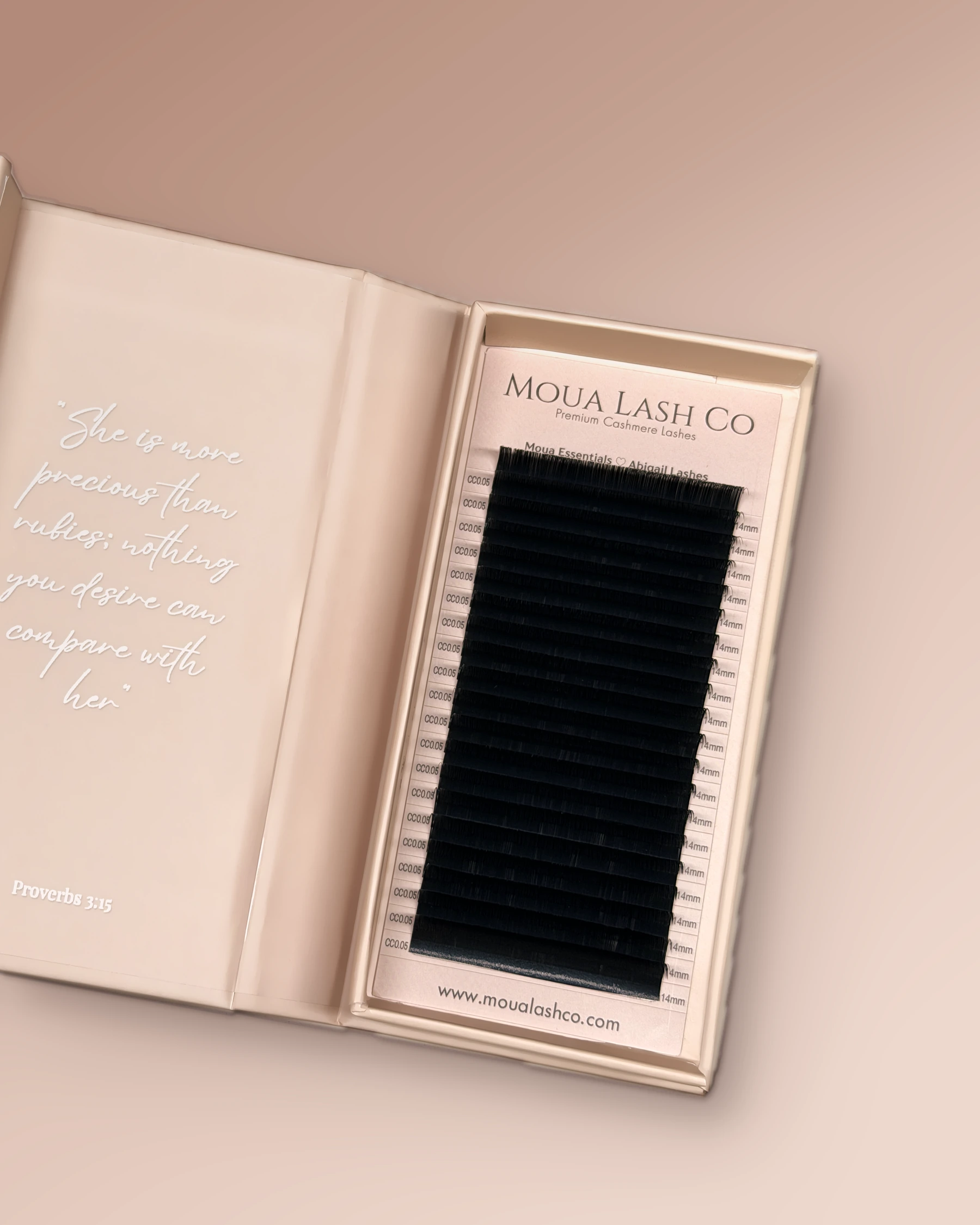 An open box of black Abigail Lashes from above, twenty full rows of lashes